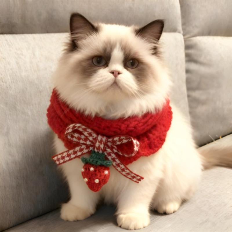 Cat Knitted Scarf Collar Red Christmas Dog Saliva Towel Strawberry Pet Ornament Christmas Knitted Scarf Pet Christmas Gift