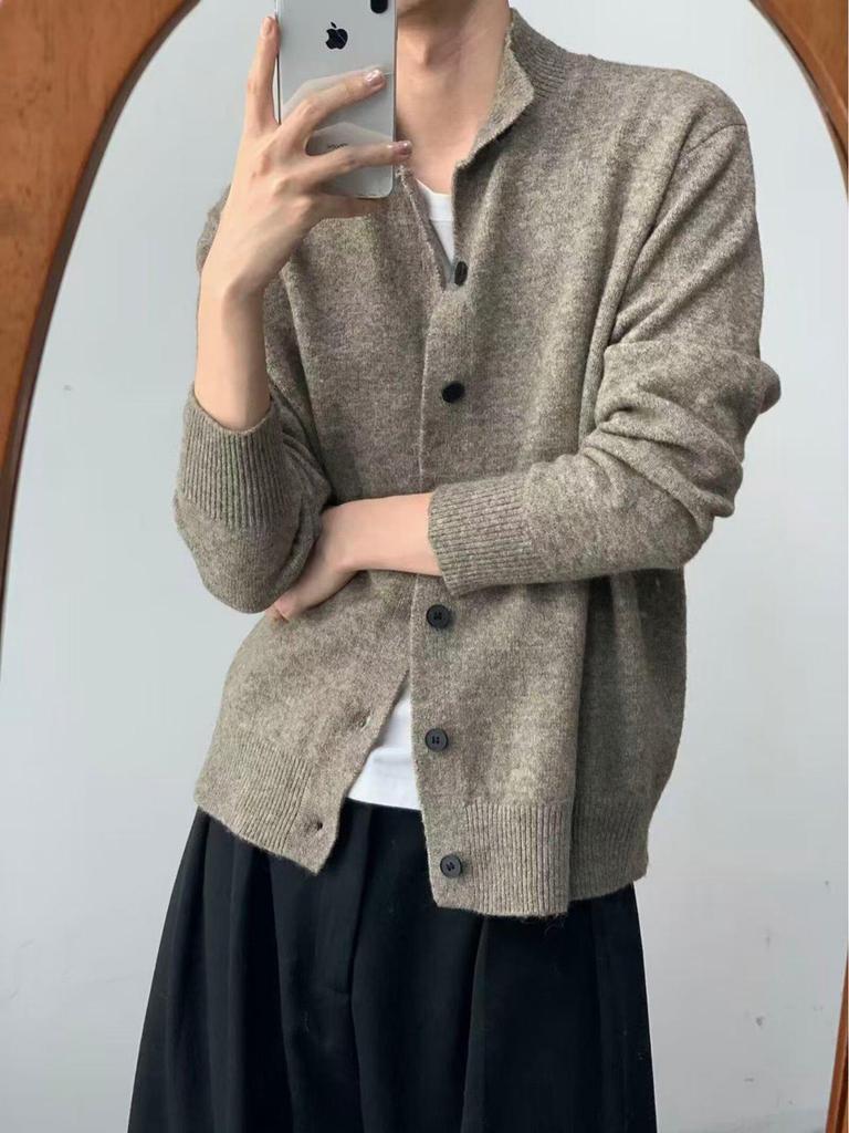 Men's Retro High-End Knit Cardigan - Autumn/Winter Korean Lazy Style, Versatile Stand Collar Couple Outerwear
