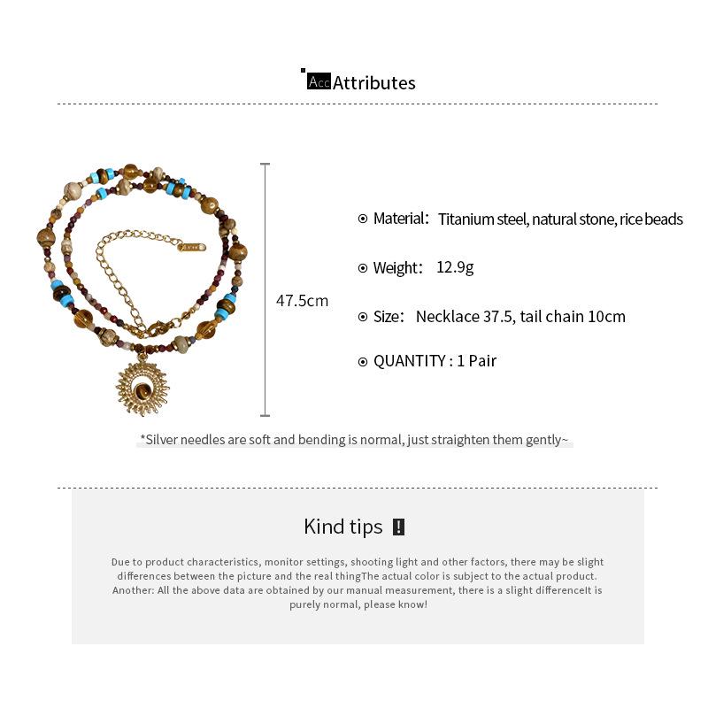 Natural Stone Sunflower Beaded Necklace with Titanium Steel Chain - Chinese Retro Light Luxury for Women