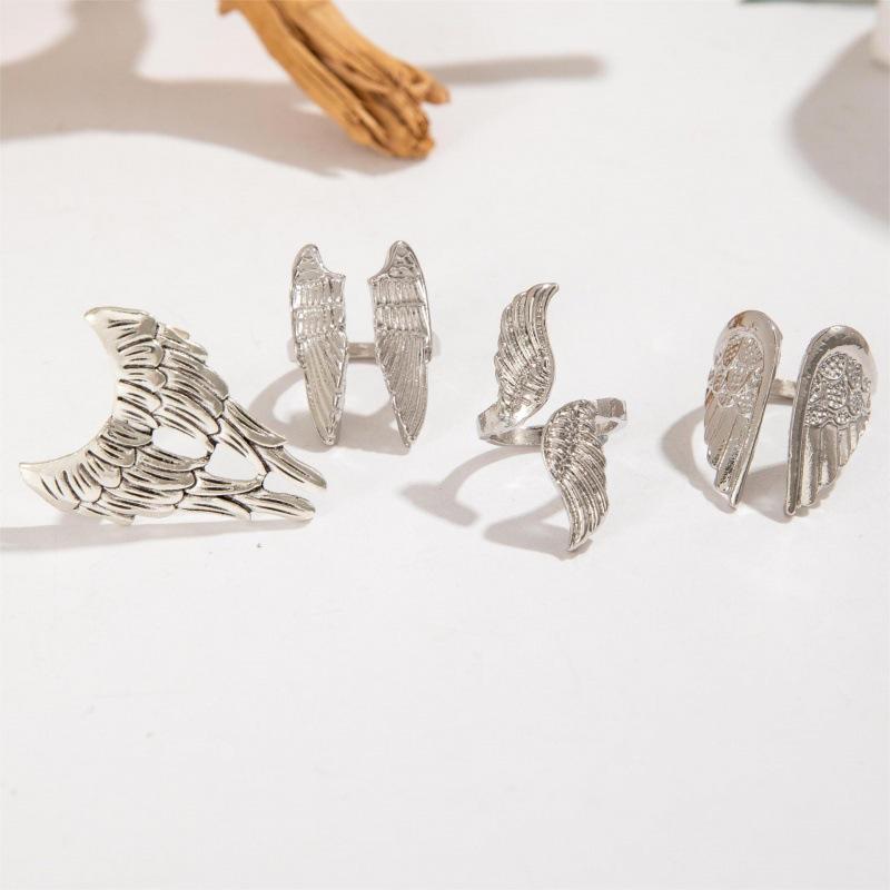 Punk style geometric angel wing ring, retro feather wing multi-joint ring four-piece female set