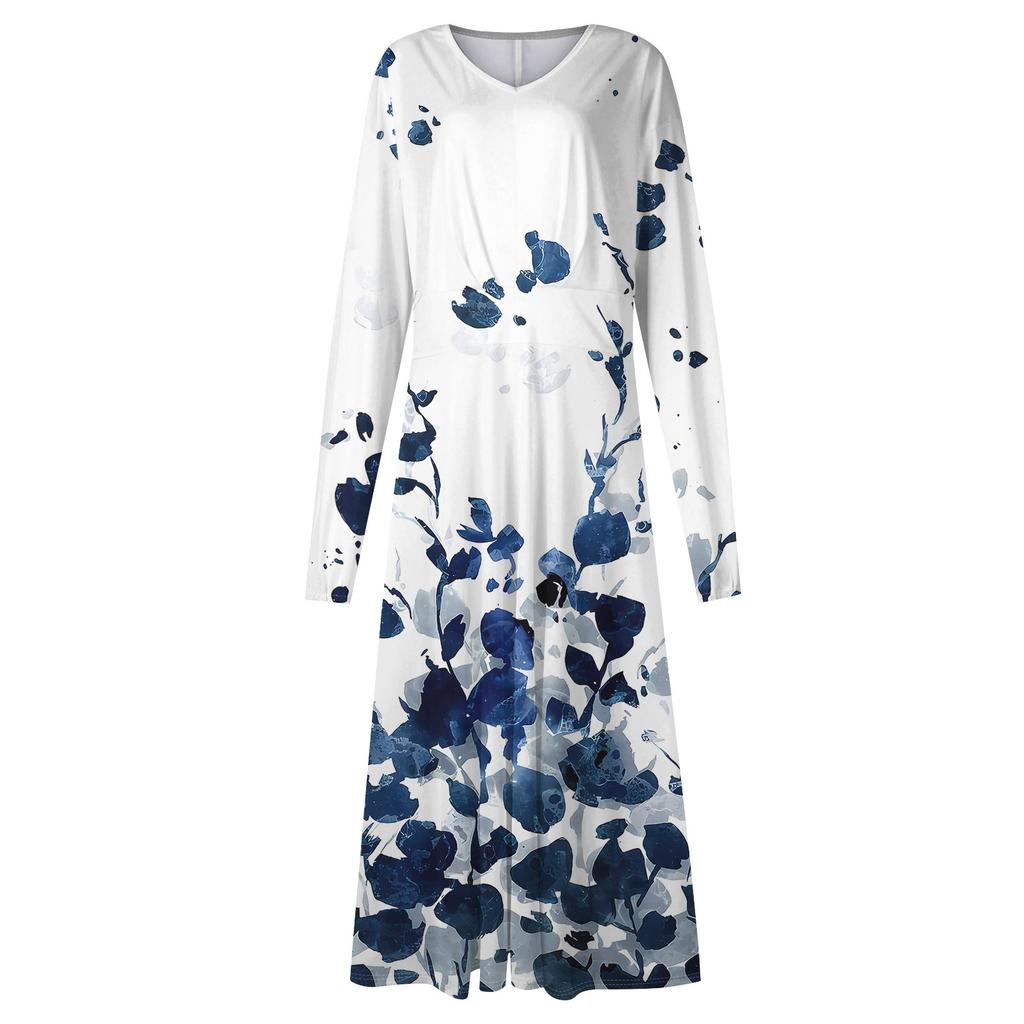 Women's And Winter Casual Fashion V-neck Long Sleeve Print Long Dress