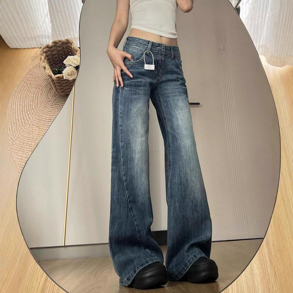 Comfortable Large Size Micro Flare Jeans Female Autumn Retro High Waist Washed Loose Horseshoe Straight Long Trousers Jeans for Women Long Denim Pants