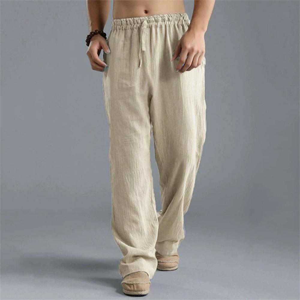 Men's Cotton Linen Straight Leg Pants Lightweight Breathable Trousers Beach Style Solid Color Casual Cozy Sweatpants