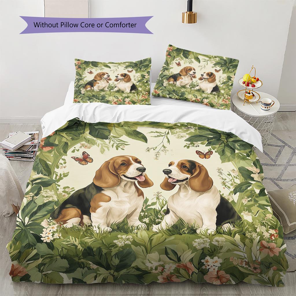 Basset Hound and Grassland Pattern Bedding Home Decoration Birthday Gift (1 * duvet cover + 2 * pillowcase, without core)