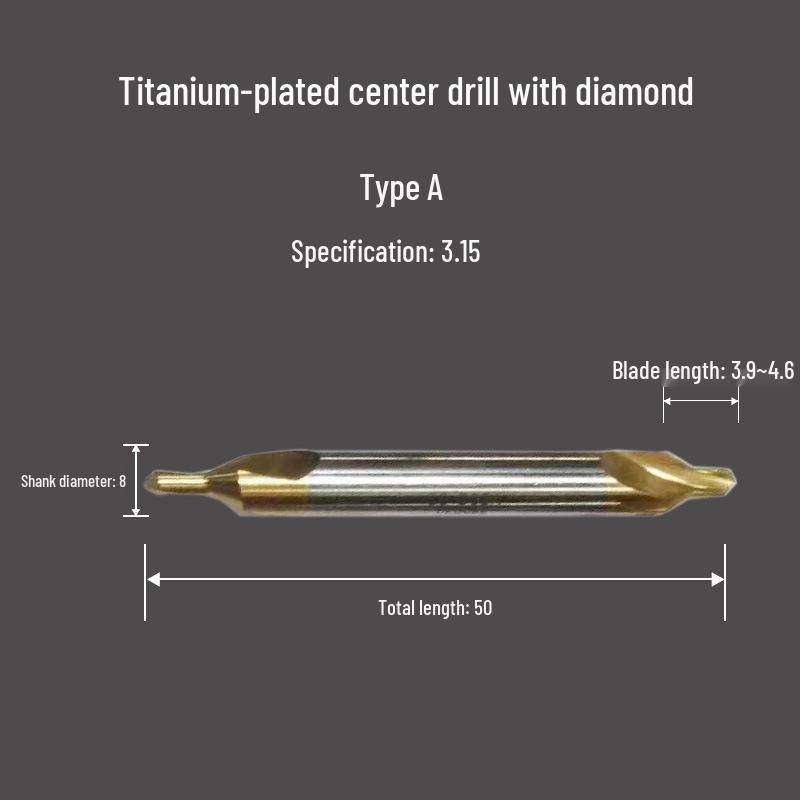 Cobalt-Coated Titanium Spiral Center Drill, Extended High-Speed Steel, Type A & B, Fully Ground Stainless Steel Locating Point
