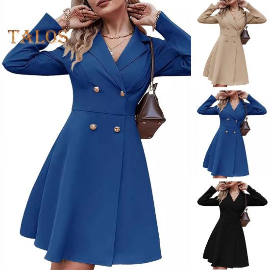 Fall Winter Women Jacket Double-breasted A-line Slim Fit Turn-down Collar Tight Waist Pure Color Formal Business Office Dress Long Sleeve Commuting