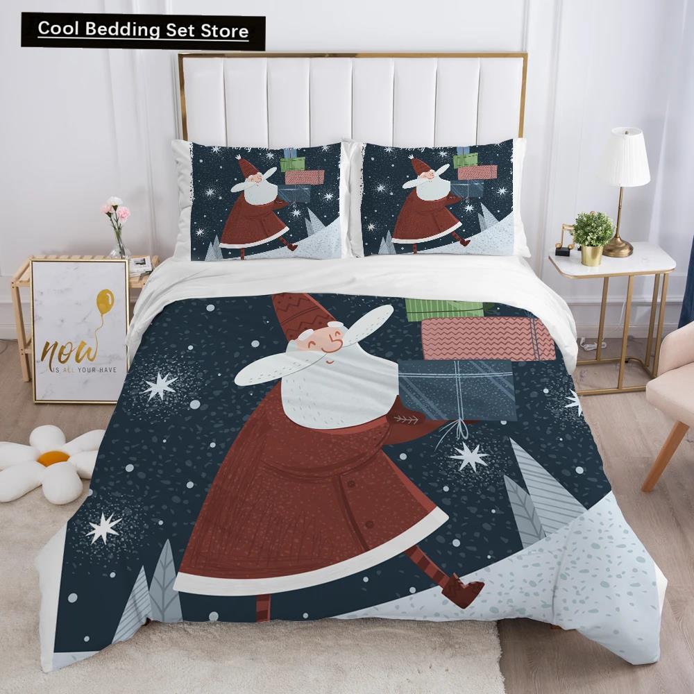 Merry Christmas King Queen Duvet Red Cartoon Santa Car Animals Bedding Set for Children Boy Girl Happy Holiday Theme Quilt Cover