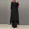 Spring and Autumn New Muslim Women's Clothing Middle East Solid Color Crew Neck Wooden Button Long Sleeve Wide Leg Pants Set