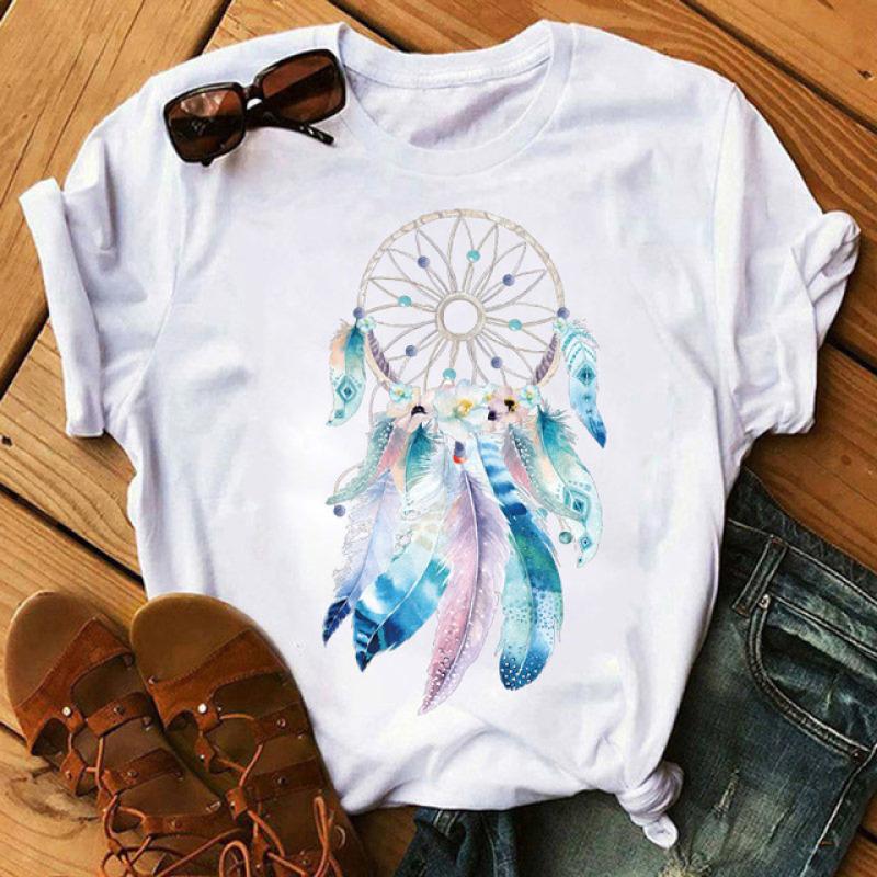 Tricou pentru femei Harajuku Topuri cu flori cu pene Imprimate Tricou negru pentru femei Tricou grafic drăguț pentru femei Tricou casual pentru femei