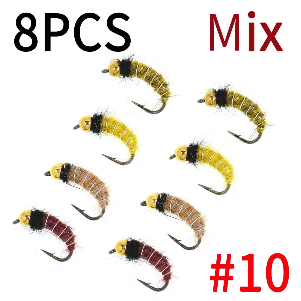 

6/8 шт. 2 размеров Нимфа личинки ручейника с головкой из бусинки Реалистичный жук-бокоплав Червь для ловли форели и хариуса (Крючок с бородкой, Быстро тонущий)