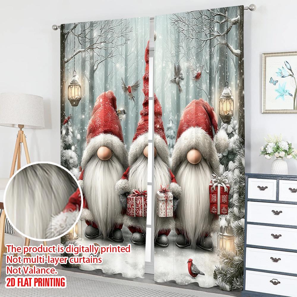 2pcs 2D flat printing Happy Christmas Party Curtains Christmas Gnomes Forest Lanterns Digital Printed Polyester Drapes Holiday