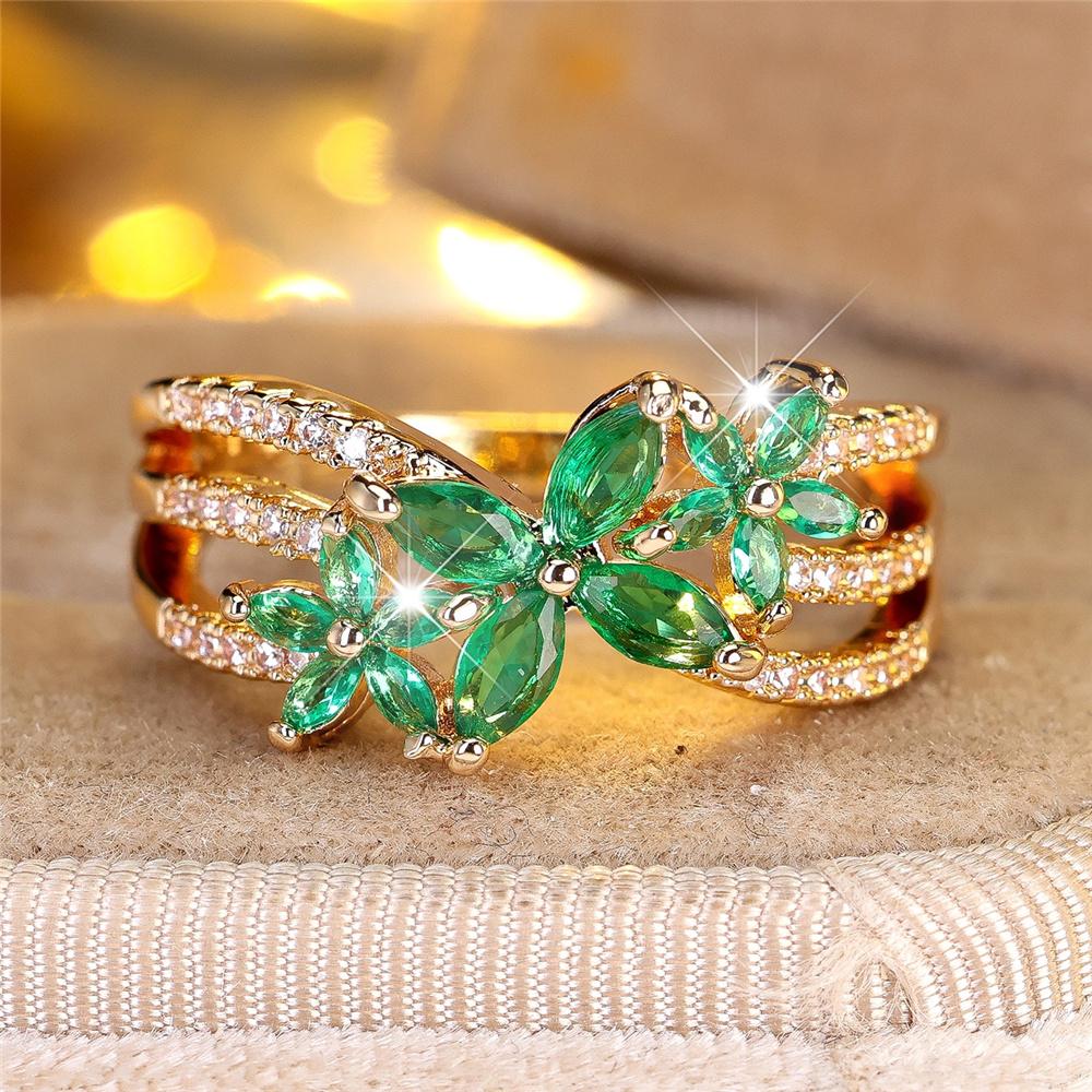 Cute Female Green Zircon Stone Gold Color Wedding Jewelry Promise Engagement Flower Rings For Women