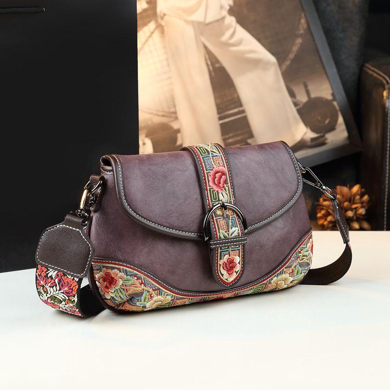 2025 New Genuine Leather Flowers Women Bag Luxury Fashion Small Saddle Bag Girls Embroidered Handbags Shoulder Crossbody Bags