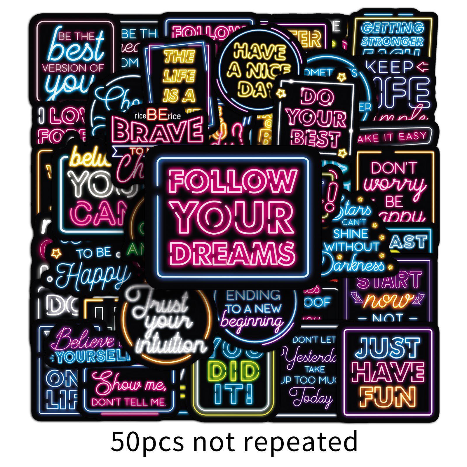 50 Neon Inspirational English Graffiti Stickers: Decorative for Water Bottles & Notebooks
