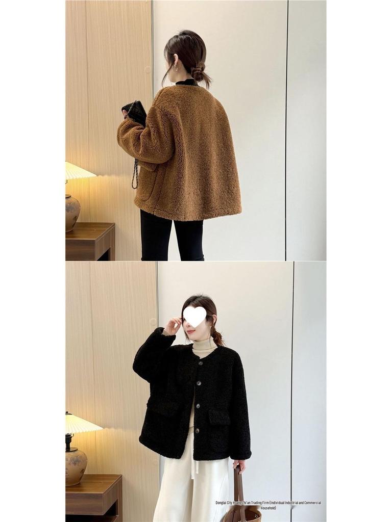 Women's Shearling Coat 2025 Autumn/Winter: Versatile Korean Style, Age-Reducing Loose Fit, Round Neck Top