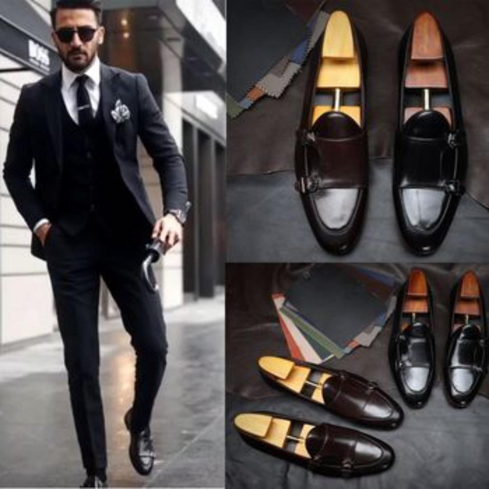 New men's pointed leather shoes cowhide business dress black and white retro Oxford men's shoes
