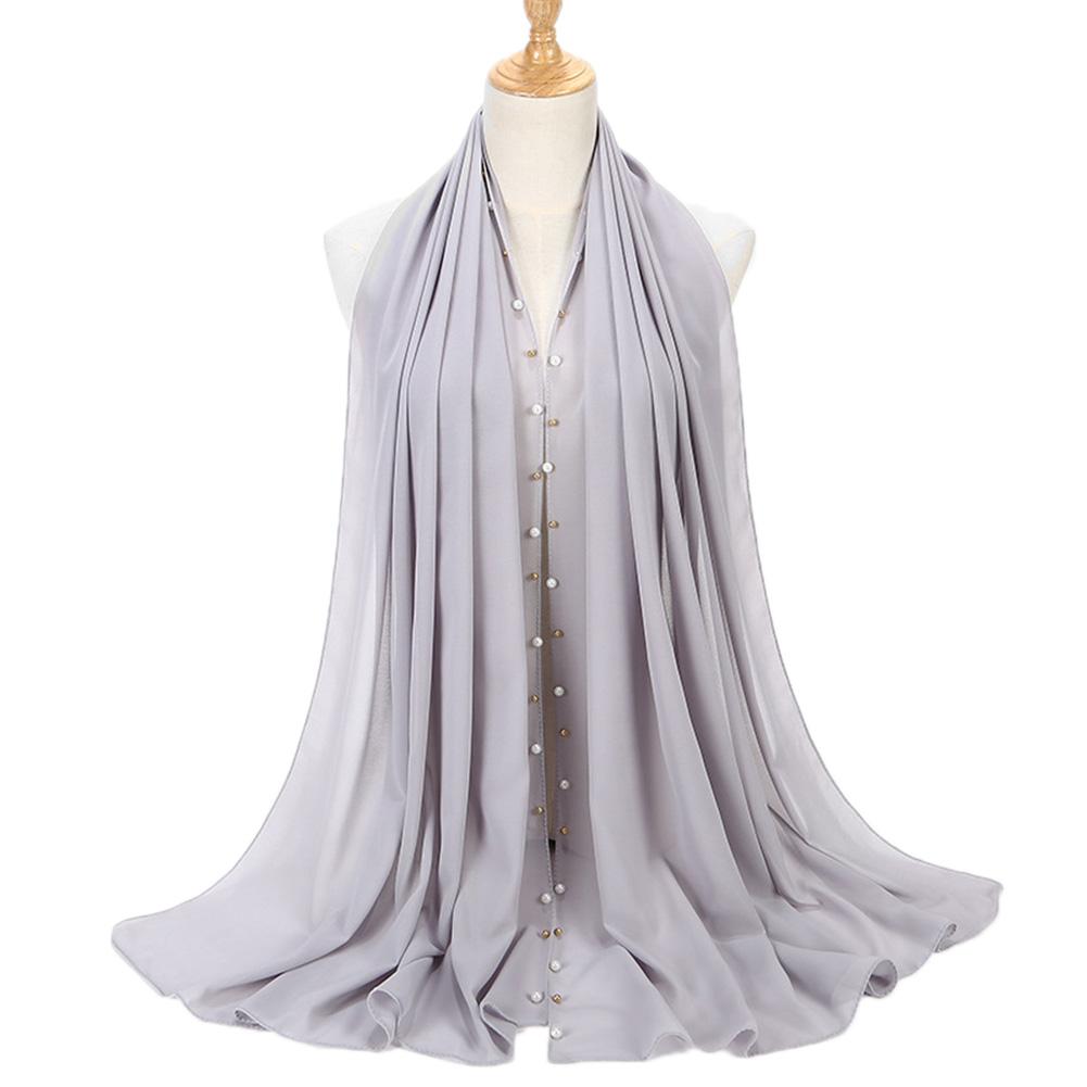 Women Solid Color Pearls Chiffon Scarf Muslim Lady Hood Headcloth