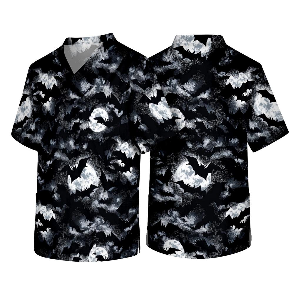 Men's Short Sleeve V Neck Halloween Print Medical Scrub Top with Chest Pocket Suitable for Healthcare Professionals and Caregivers