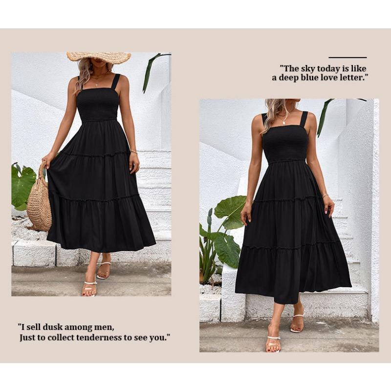 Women's Casual Vacation Versatile Solid Color Suspender Square Collar Summer Waist-hugging Dress