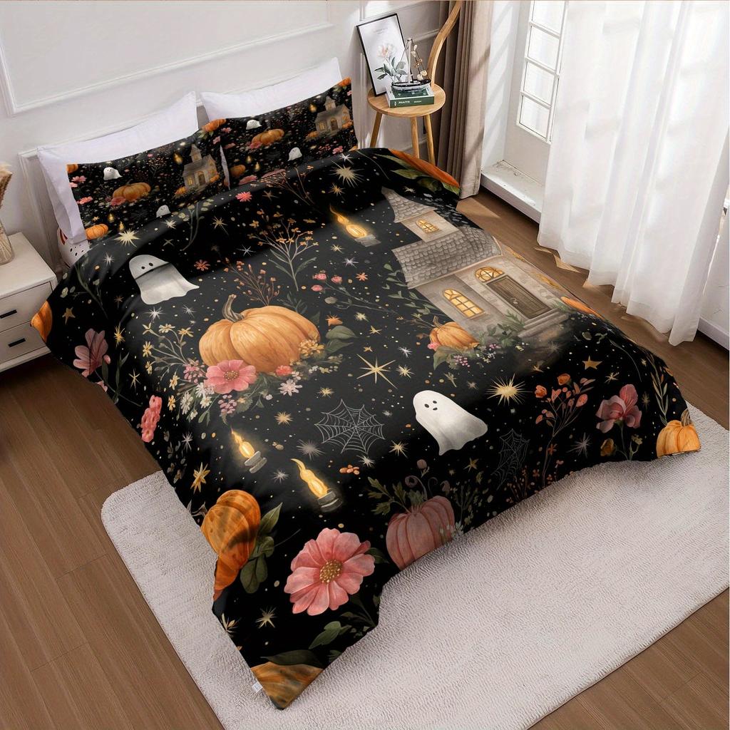 3pcs Halloween Pumpkin Monster Duvet Cover Set Without Core Quilt Cover with 2 PillowcasesSoft and Machine Washable