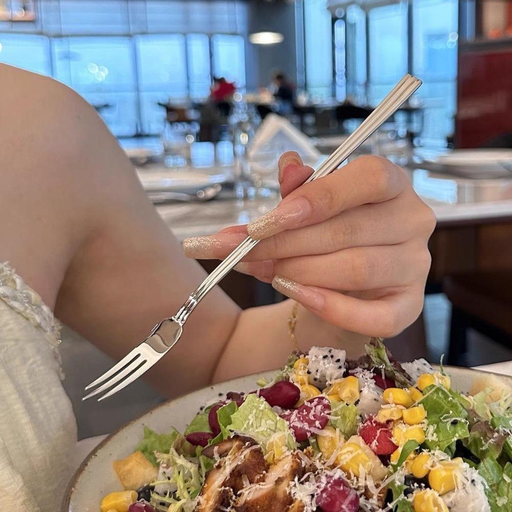 10PCS 3-toothed Stainless Steel Slender Fruit Fork Reusable Extended Handle Afternoon Tea Fork Rust-proof Salad Fork Party