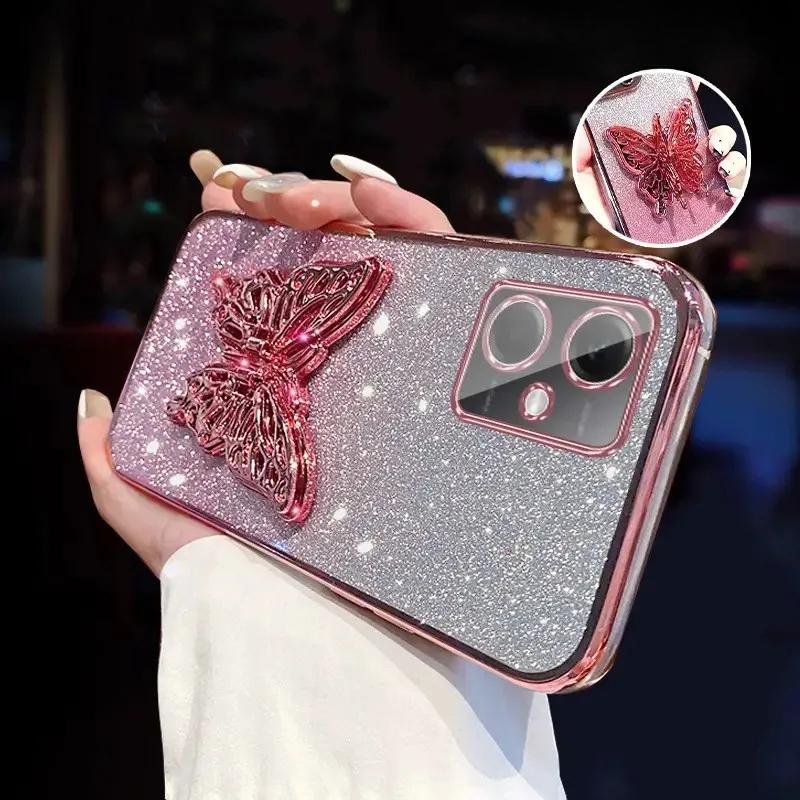 3D Butterfly Phone Holder Crystal Bracelet Glitter Plating Case for Xiaomi POCO X5 Pro 5G Back Cover