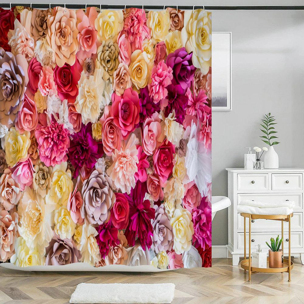 Beautiful natural flowers shower curtain waterproof polyester fabric bath curtain rose floral curtains for bathroom decor