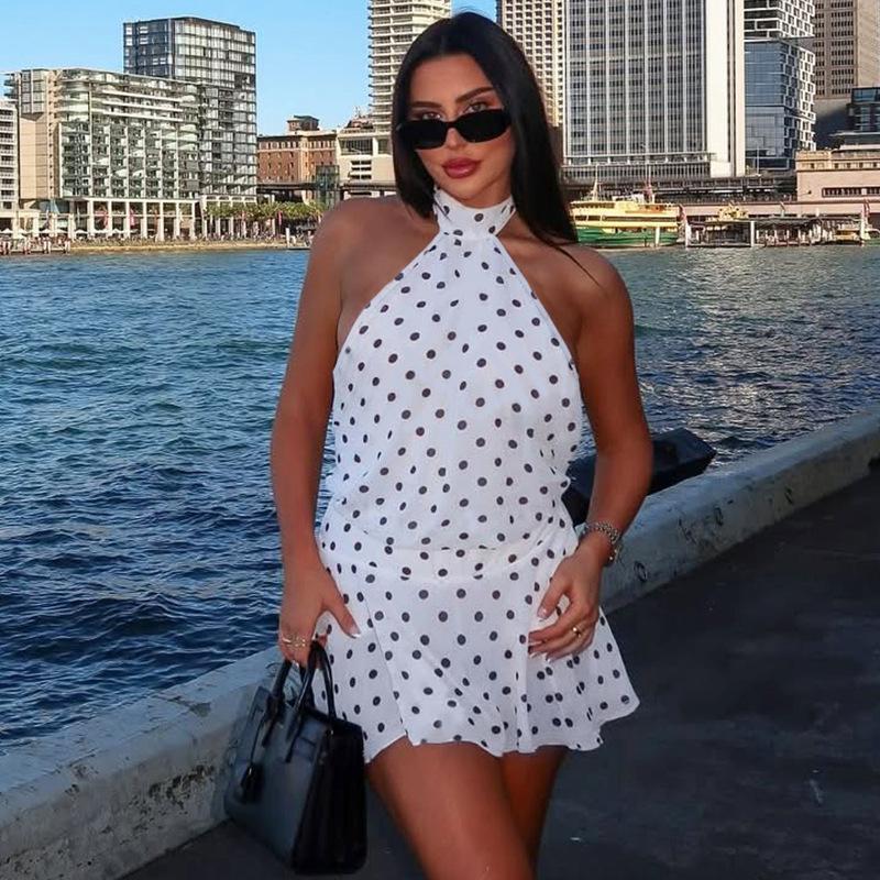 Robe Courte Sexy à Pois pour Femme, Dos Nu à Bretelles, Taille Liée, Taille Haute, Coupe A