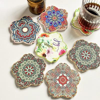 Mandala-Inspired Ceramic Coasters With Cork Backing Waterproof Flower-Shape Chic Table Mats For Home Coffee Dining Tables Decor