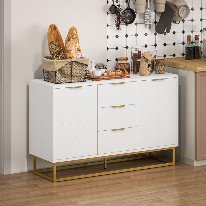 Sideboard - Kitchen Storage Unit - HOMCOM - Contemporary Graphic Design 2 Cupboards 3 Drawers - Wood - 120x40x76cm - Golden White