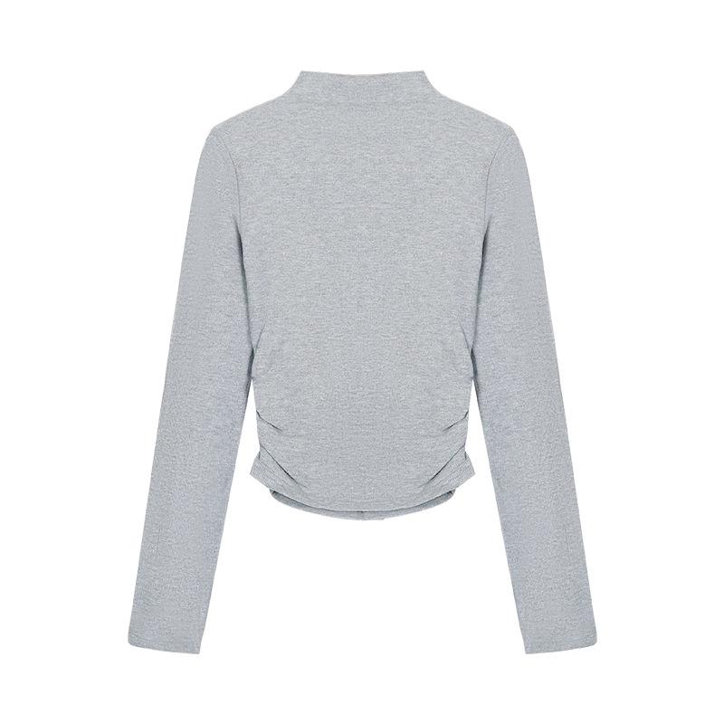 Interior Gray Long Sleeved T-shirt Women's Slim Fit TopFolded Spicy Girl Half High Neck Sweater