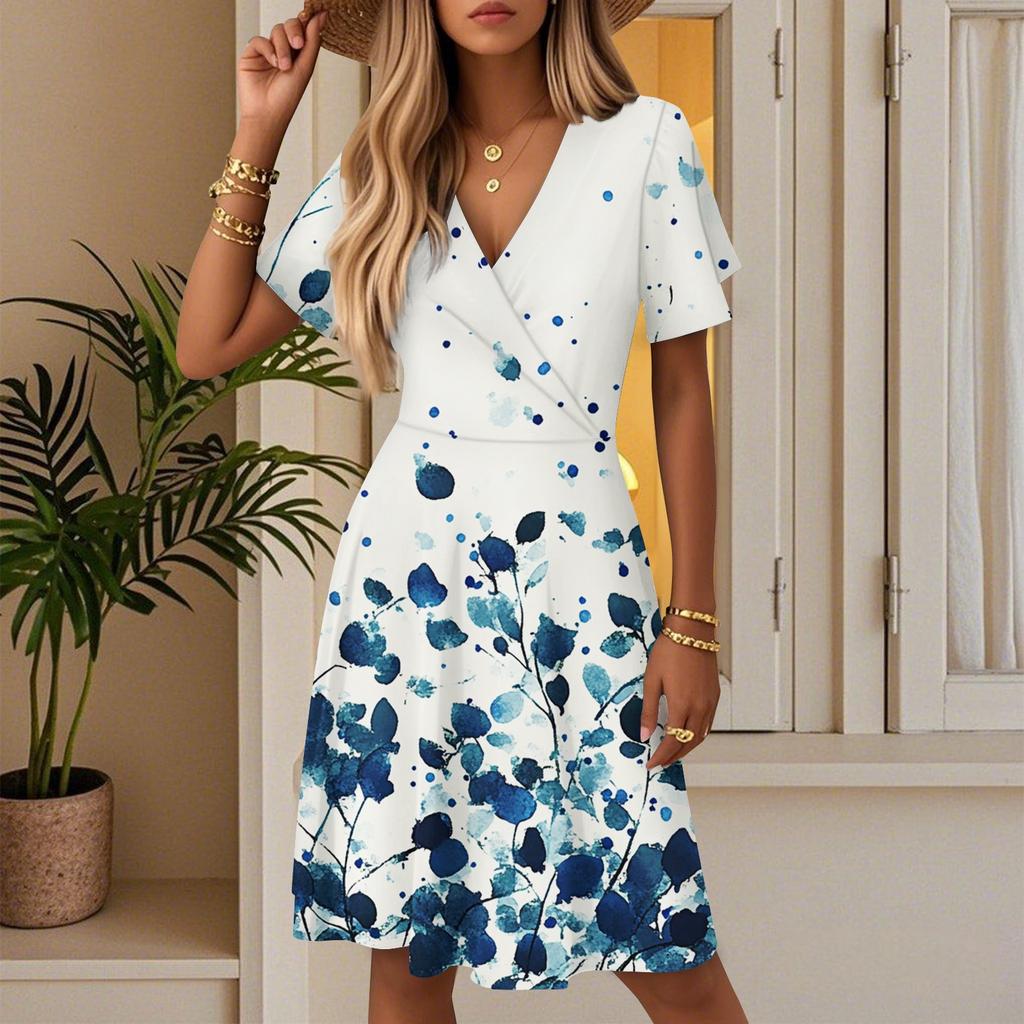 Women's Summer Fashion Leaf Print Dress Casual Beach A-line V-neck Loose Sundress