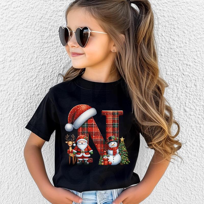 Personalized Kids Christmas T-shirt with A-Z Alphabet Print, Santa Hat Design for Boys & Girls