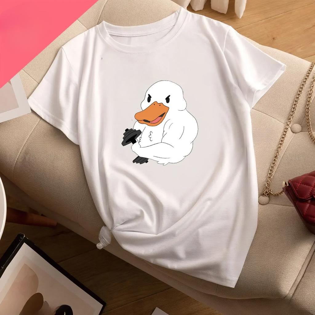 Funny Duck Print Casual Sports Printed T-shirt Women Round Neck Running Fitness Short Sleeves Tops Women's Activewear Fashion