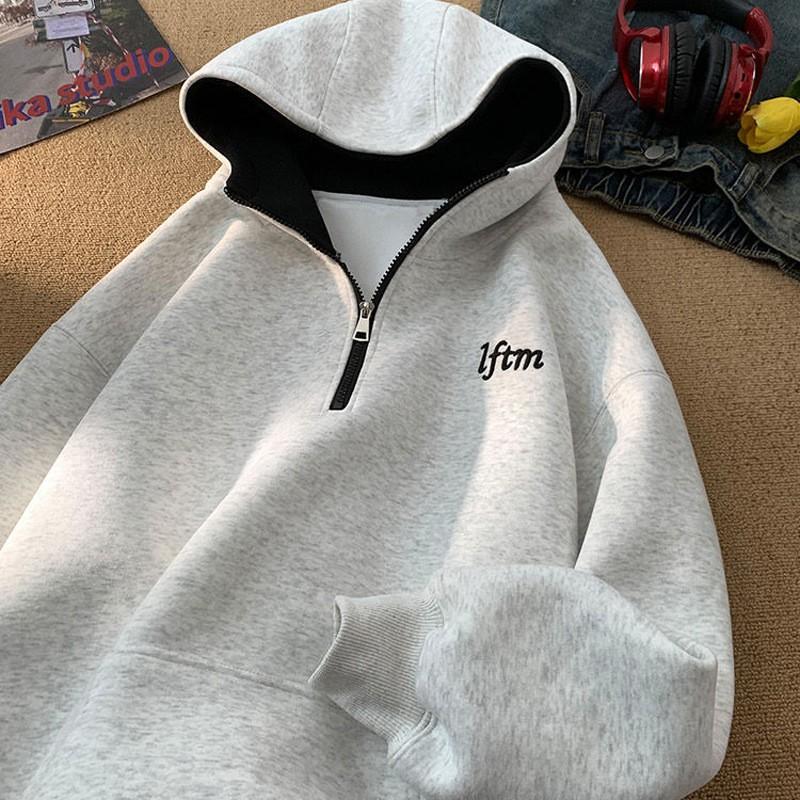 Half-zip Embroidered Hoodie Couple Matching Winter Casual Loose Sweatshirt Women