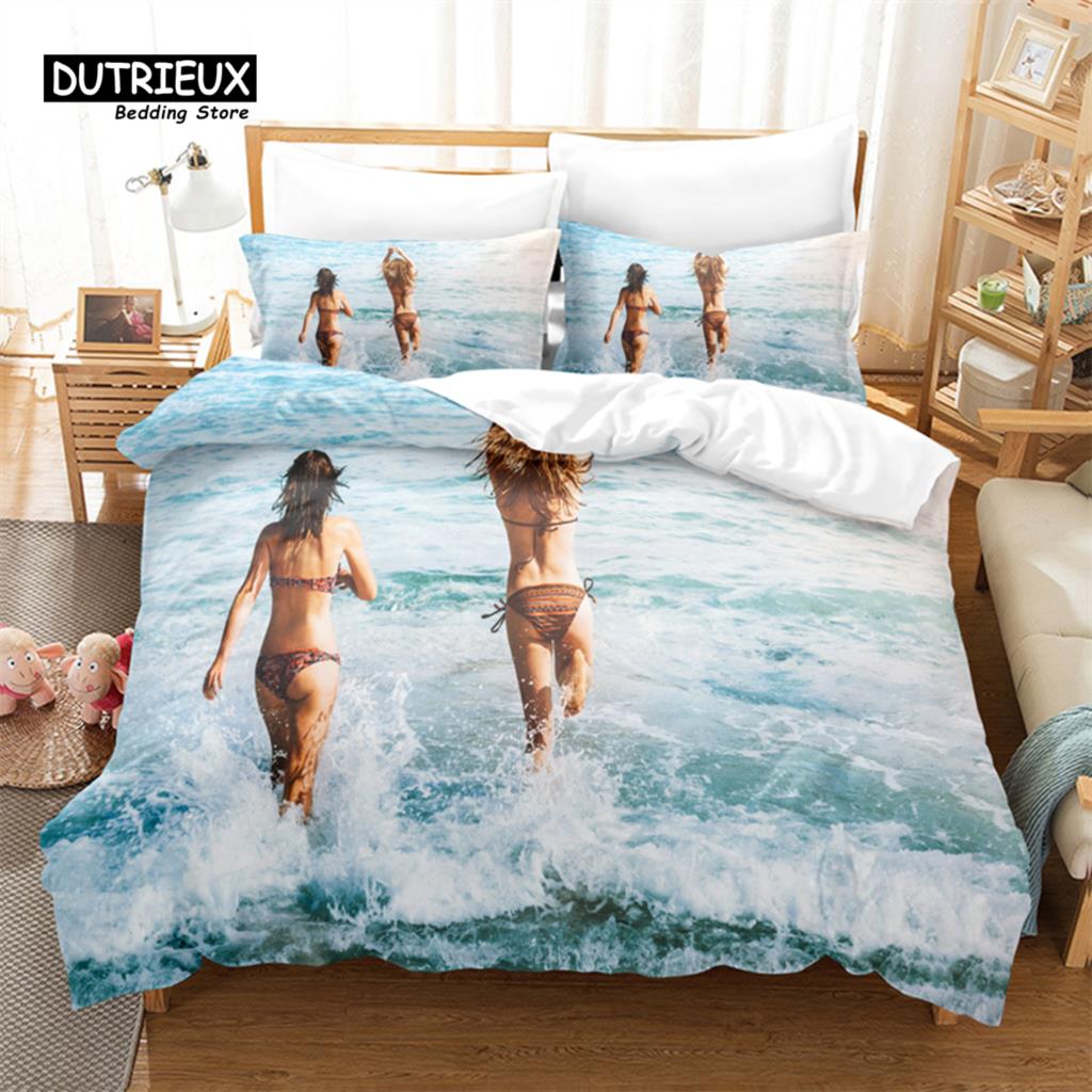 Seaside Beach Bedding Set, 3Pcs Duvet Cover Set, Soft Comfortable Breathable Duvet Cover, For Bedroom Guest Room Decor