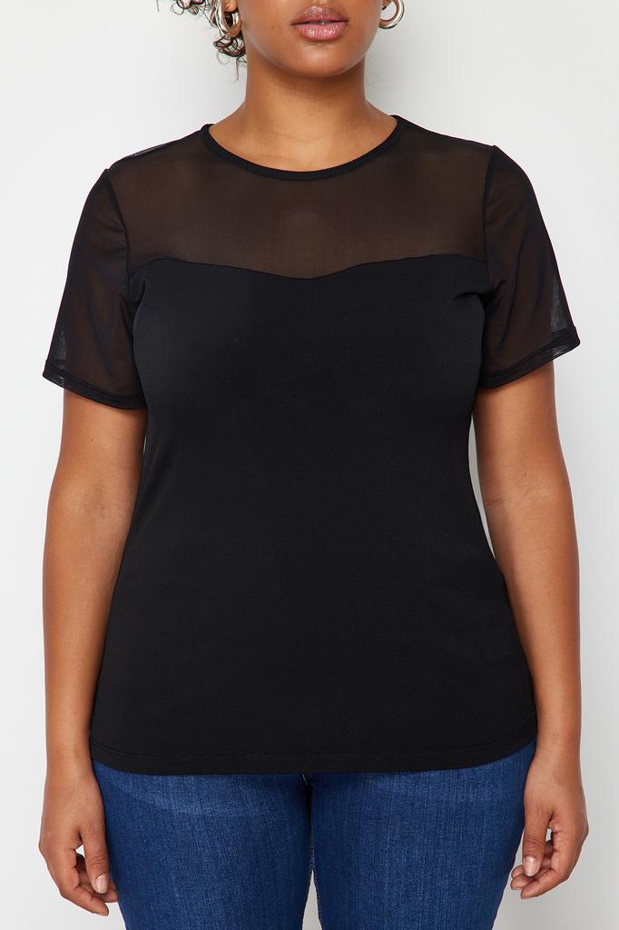 Damen Stil Übergröße Schwarz Herzausschnitt Mesh-Details Gestrickte Bluse