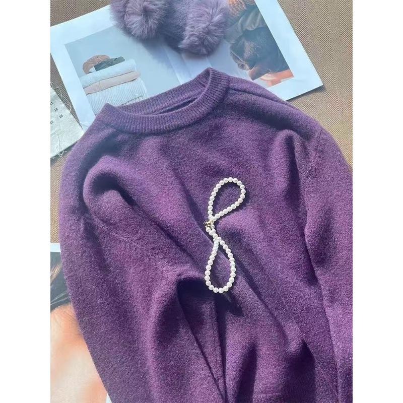 

Super recommend really close your eyes into purple round neck soft glutinous loose white knitted sweater women L