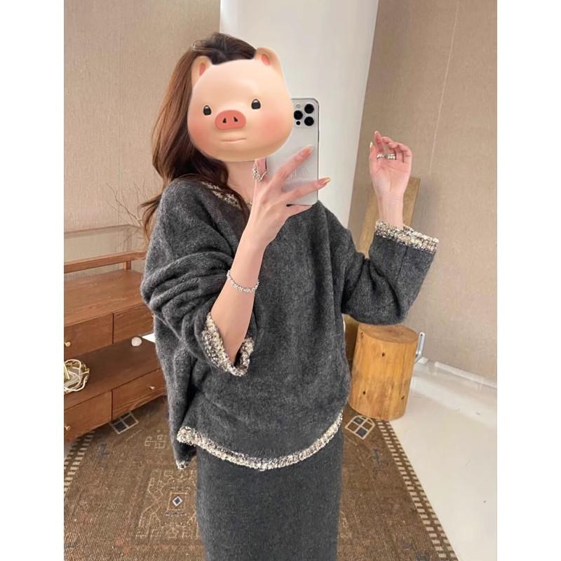 Autumn and winter new Korean version women's clothing Xiaoxiangfeng knitted sweater lazy style pink temperament round neck pullover women's top