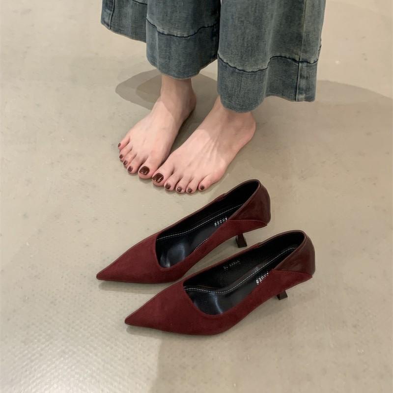 French temperament high heels sense 2025 spring and autumn new versatile thin heel shallow mouth pointed red single shoes women
