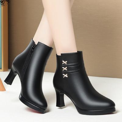 Fashion Elegant Office Ladies Soft Leather Boots with Fur Fall Winter 2024 Block High Heels Ankle Boots Plush for Mom Daily Black