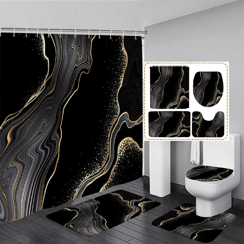 Marble Shower Curtain Set Creative Watercolor Ink Art Geometric Modern Bathroom Decor Floor Rug Bath Mats Toilet Lid Cover