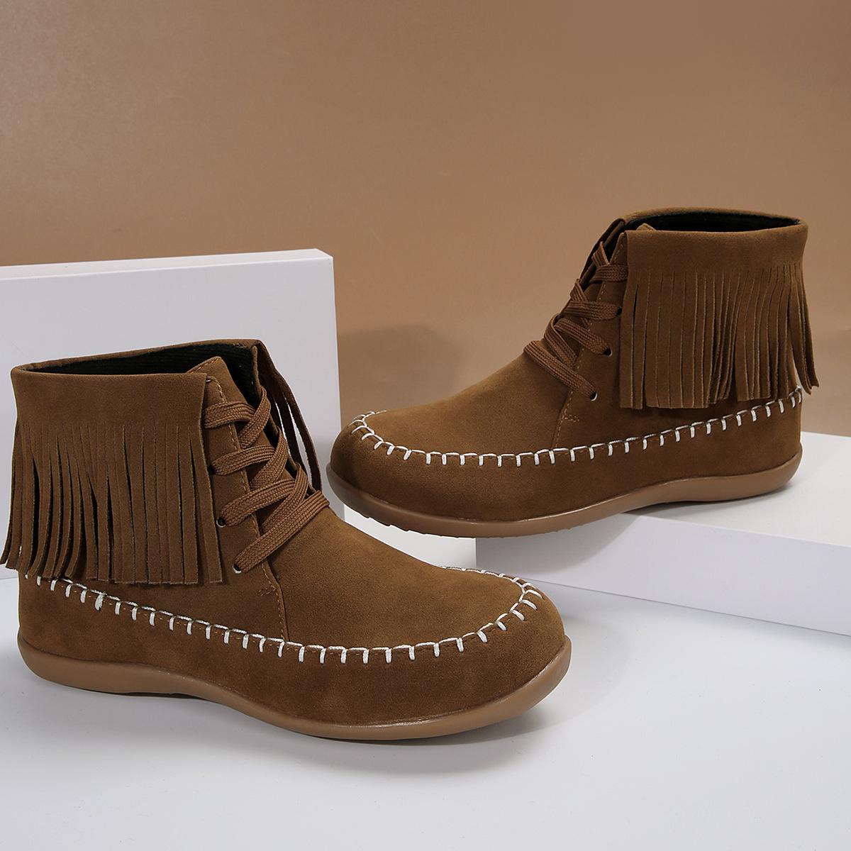 

Large size rivet flat bottom fringed cotton boots new short tube round head suede Martin boots 43 коричневий