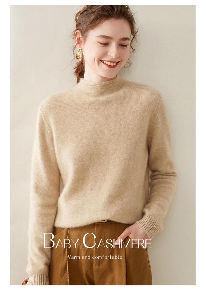 Women's Cloud-Like Cashmere Pullover Sweater - Rolled Hem, Thick, Double-Strand Knit, Half-High Neck