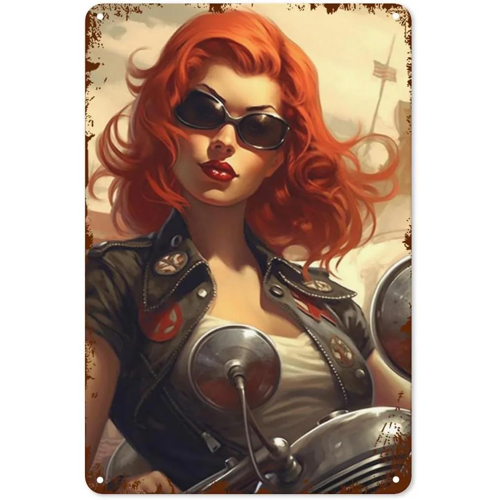 Metal Tin Signs Pinup Motorcycle Girl Wall Decoration Plaque Vintage Poster Iron Painting for Man Cave Home Cafe Garden Club Bar
