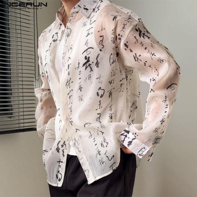 INCERUN Oversized Vintage Men Long Sleeve Print Semi-Sheer Tops T-shirts