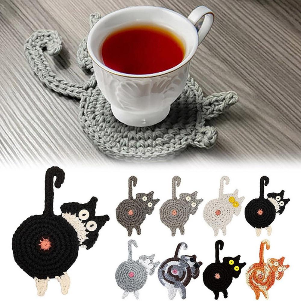 8Pcs/Lot Cartoon Cat Butt Design Heat Insulation Coasters Knitted Anti Scalding Table Cup Mat Cute Home Gift for Christmas