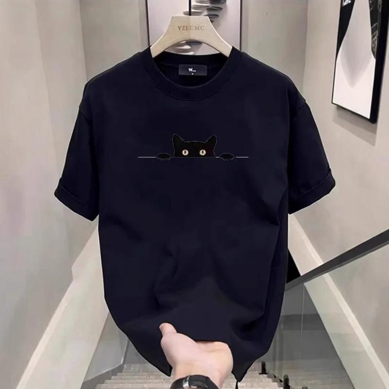 Mens Casual Cotton Round Neck Short Sleeve Black Cat Print T Shirt S чёрный