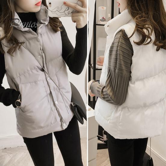 Winter Cotton Vest Women Single-breasted Stand Collar Padded Thicken Solid Color Waistcoat Keep Warm Neck Protection Sleeveless for Outdoor