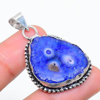 Natural Blue Solar Quartz Gemstone 925 Sterling Silver Pendant 1.77" z8U93